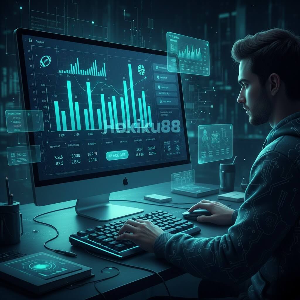 Ilustrasi live betting online dengan layar komputer menampilkan grafik odds yang berubah, seorang pemain fokus memasang taruhan, nuansa digital biru-hijau, dan logo Hokiku88 di layar.