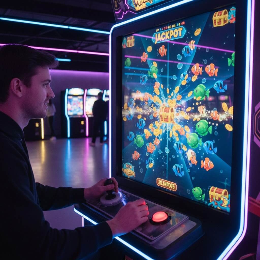 Pemain fokus bermain game tembak ikan di layar digital besar dengan jackpot koin emas dan suasana arcade modern