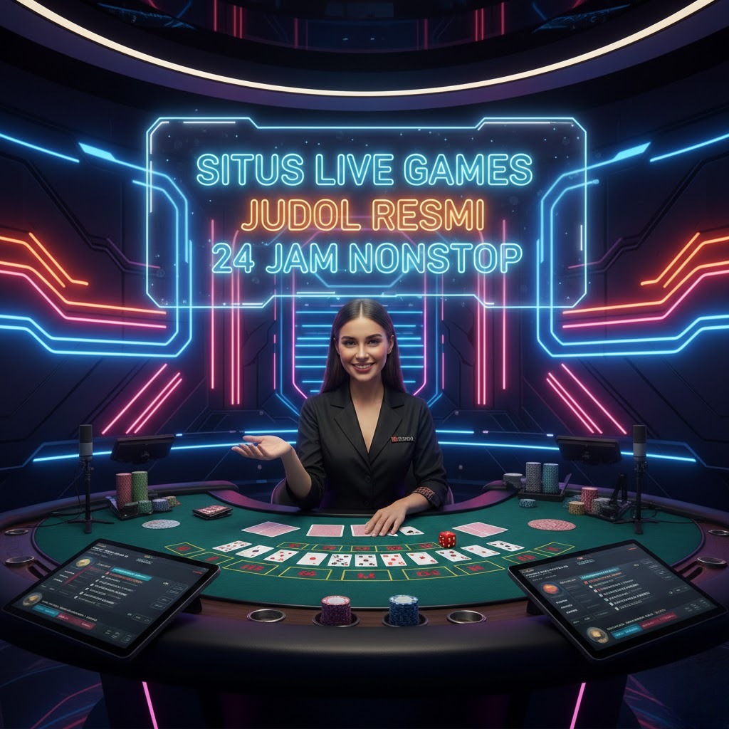 Meja kasino live dealer modern dengan dealer profesional tersenyum, kartu dan dadu di meja, lampu neon ambient futuristik, mewakili artikel Situs Live Games Judol Resmi 24 Jam Nonstop di Win11bet.