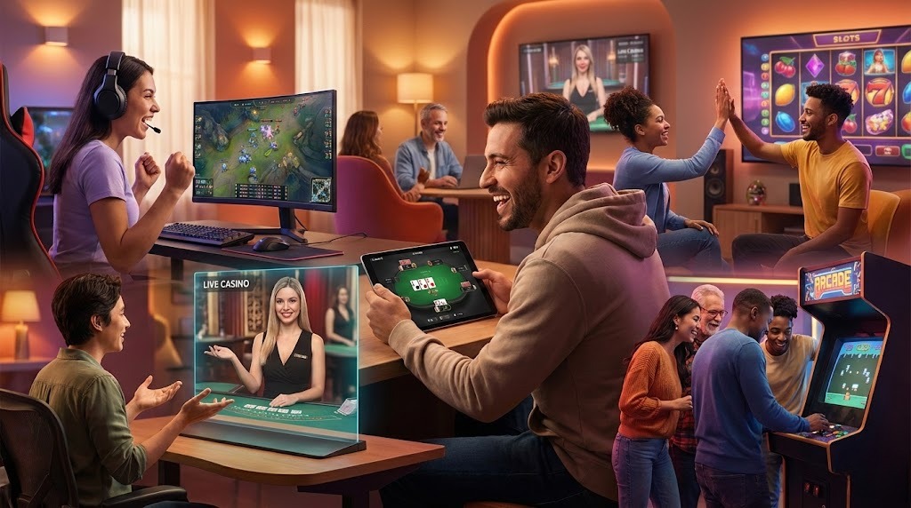 Panduan game online pemula 2026 menampilkan esports, slot, poker, live casino, dan arcade games dengan grafis realistis dan interaktif